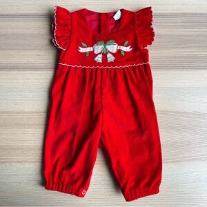 Vintage Red Velvet Christmas Holiday Romper Overall Ruffle Sleeve 3-6 months
